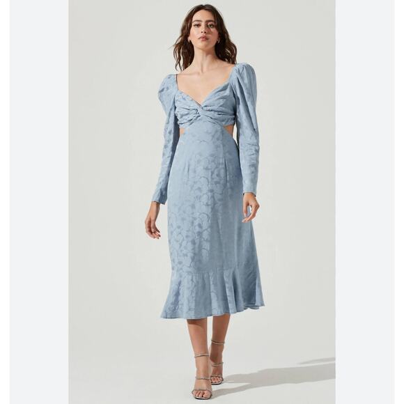 NWT ASTR Blue Satin Floral Puff Sleeve Tie Open Back Cottagecore Midi Dress - Picture 1 of 9